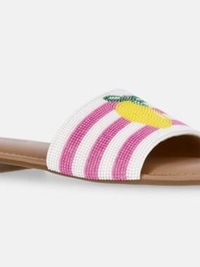 No Boundaries Pink & White Beaded Slide Sandal with Lemon Motif